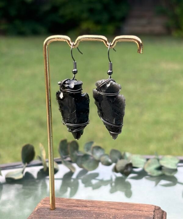 Gunmetal Wire-Wrapped Obsidian Arrowhead Earrings